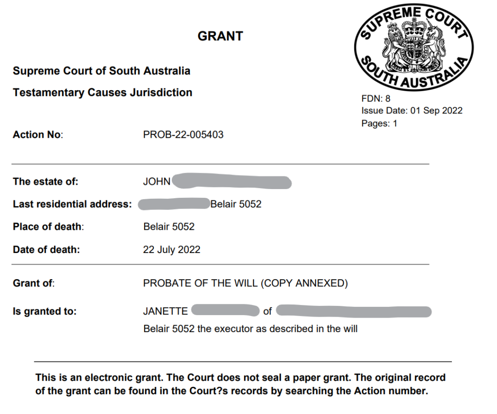 Grant of Probate example